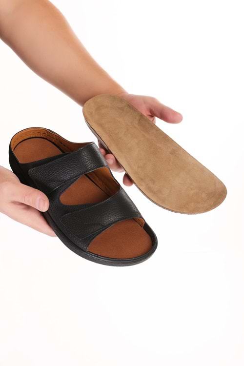 Gondol Erkek Hakiki Deri Tabanı Çıkabilen Özel Cırtlı Terlik rl.5300 - Siyah - 41