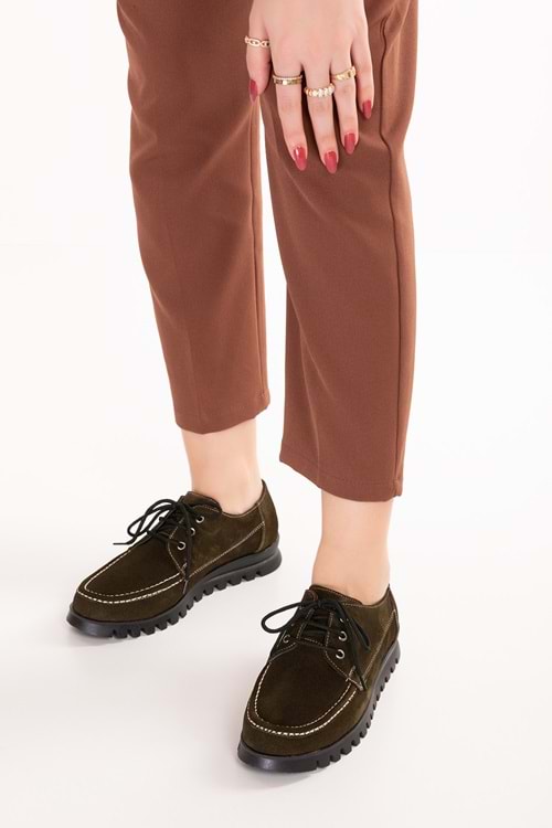 Gondol Hakiki Deri Kaymaz Taban Rahat Casual Ayakkabı mlk.5080 - Haki Süet - 36