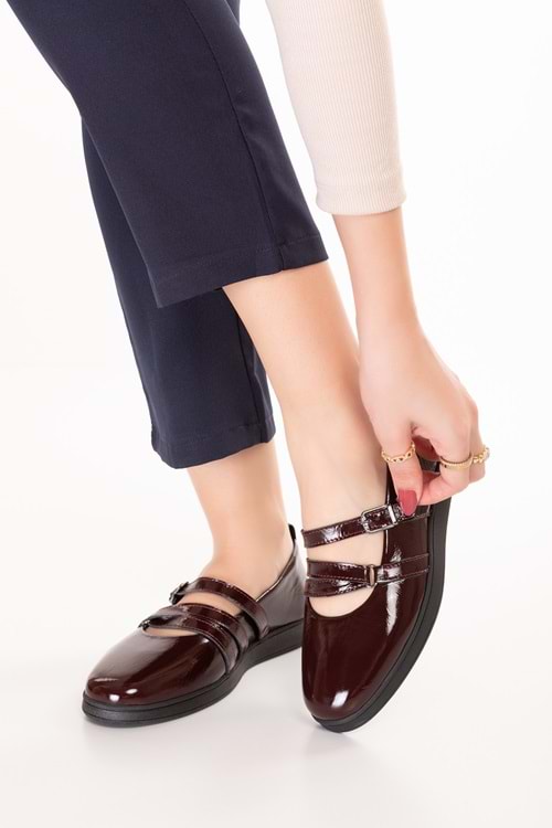 Gondol Kadın Hakiki Deri Rahat Günlük Babet ndr.26300 - Bordo Rugan - 36