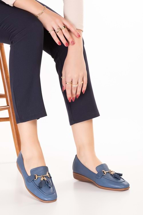 Gondol Hakiki Deri Esnek Rahat Taban Yumuşak Deri Rahat Loafer alb.228 - Mavi - 40