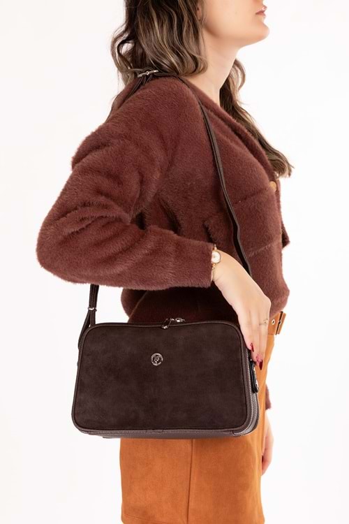 Gondol Kadın Süet Deri Günlük Çapraz Omuz Çantası gp.1321 - Kahve Süet - TEK EBAT