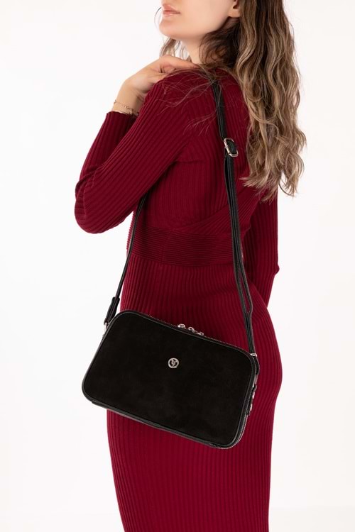 Gondol Kadın Süet Deri Günlük Çapraz Omuz Çantası gp.1321 - Siyah Süet - TEK EBAT