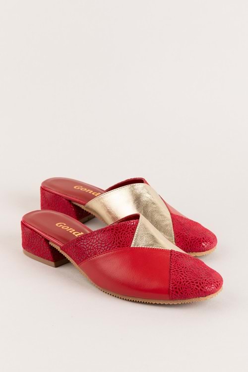 Gondol Hakiki Deri Şık Topuklu Ev Teliği özl.45 - Kırmızı Kombin - 36