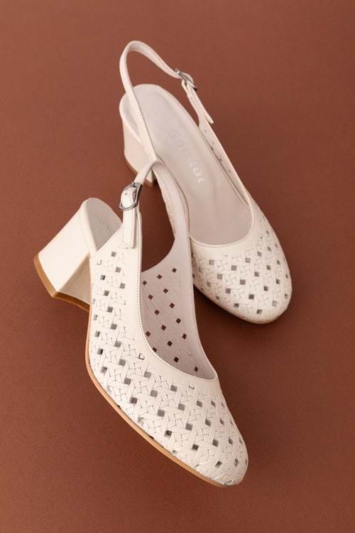 Gondol Hakiki Deri Lazer Kesim Şık Topuklu Ayakkabı şhn.882 - Bej - 42