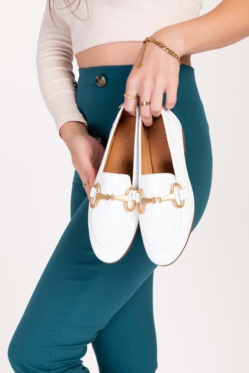 Gondol Hakiki Deri Toka Detaylı Kadın Babet tzr.23121 - Beyaz - 40