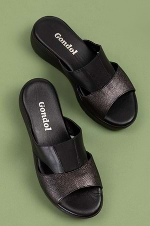 Gondol Hakiki Deri Ortopedik Taban Terlik Siyah 39 özl.607