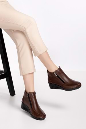 Gondol Kadın Hakiki Deri Çift Fermuarlı Kolay Giyim Bot esfa.2450 - Kahverengi - 39