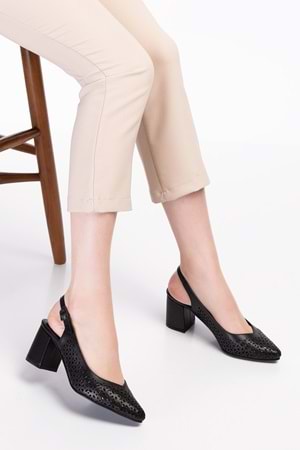 Gondol Hakiki Deri Lazer Kesim Şık Topuklu Ayakkabı şhn.876 - Siyah - 34