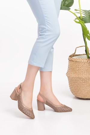 Gondol Hakiki Deri Lazer Kesim Şık Topuklu Ayakkabı şhn.876 - Vizon - 35