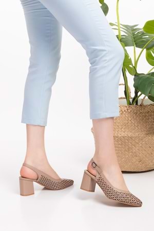 Gondol Hakiki Deri Lazer Kesim Şık Topuklu Ayakkabı şhn.876 - Vizon - 35