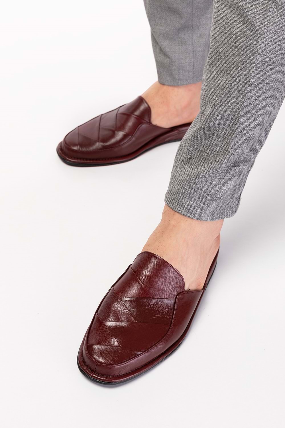Gondol Erkek Hakiki Deri Damat Ev Terliği kayaş.105 - Bordo - 45