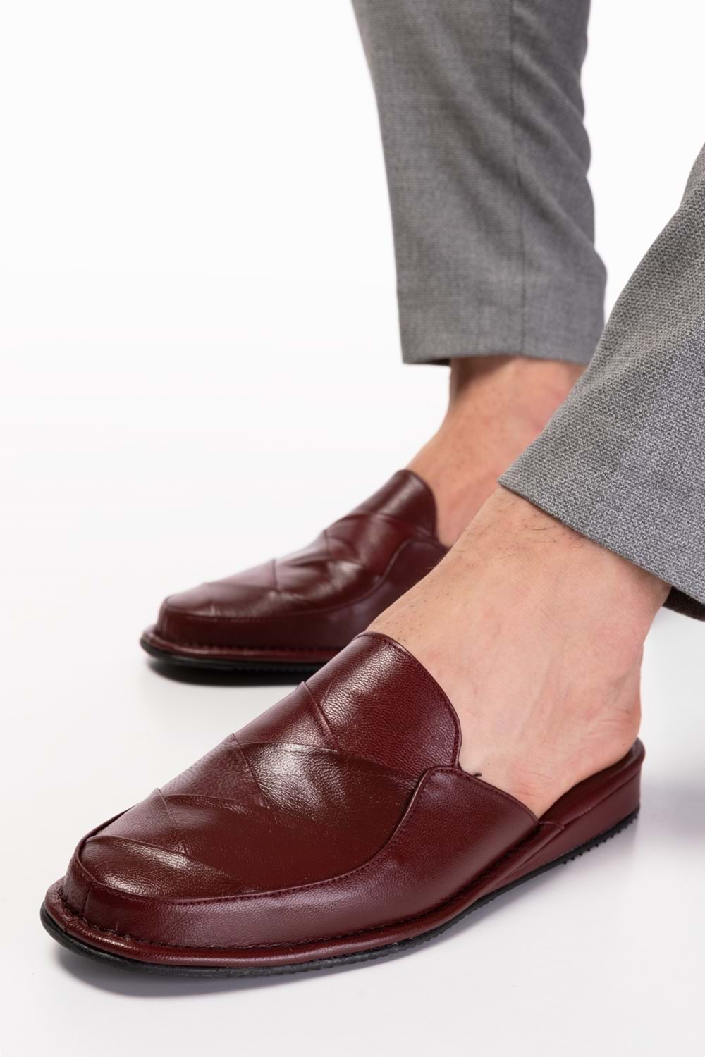 Gondol Erkek Hakiki Deri Damat Ev Terliği kayaş.105 - Bordo - 45