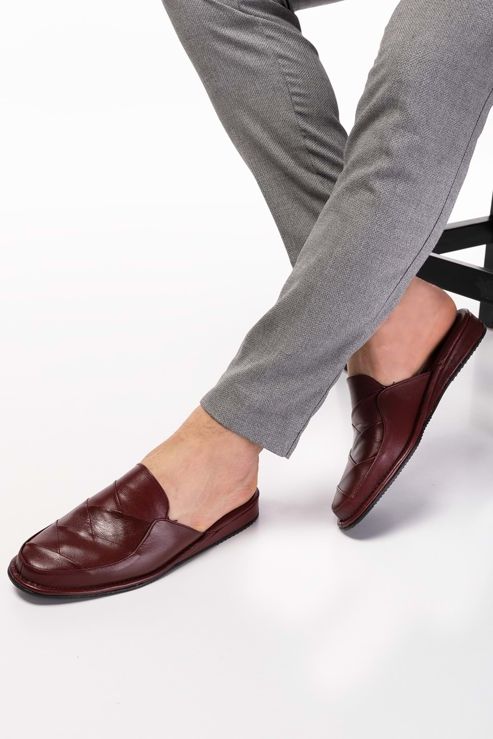 Gondol Erkek Hakiki Deri Damat Ev Terliği kayaş.105 - Bordo - 45
