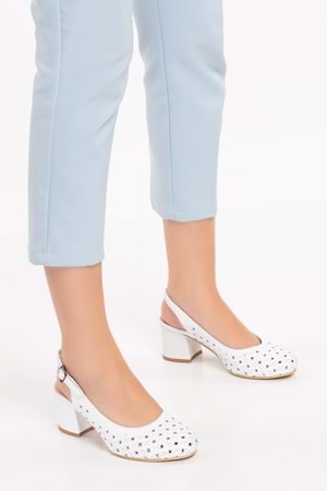 Gondol Hakiki Deri Lazer Kesim Şık Topuklu Ayakkabı şhn.882 - Beyaz - 34