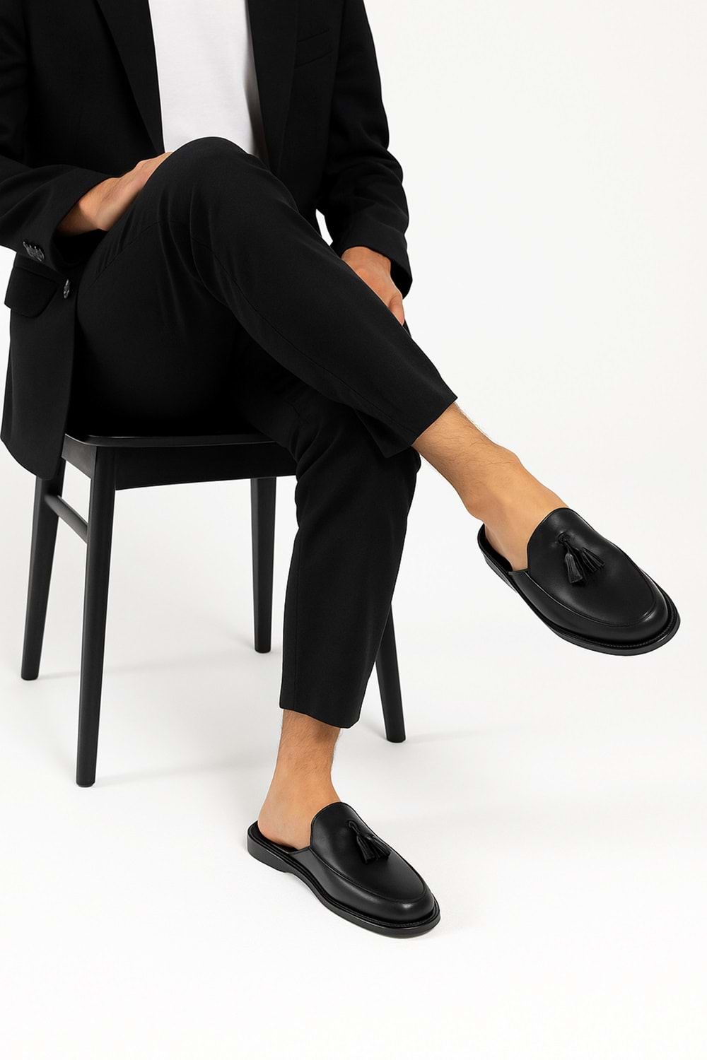 Gondol Erkek Hakiki Deri Püskül Detaylı Damat Ev Terliği kayaş.135 - Siyah - 45