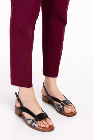 Gondol Hakiki Deri Kısa Topuklu Toka Detay Şık Sandalet iz.6020 - Siyah Yılan - 36