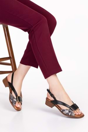 Gondol Hakiki Deri Kısa Topuklu Toka Detay Şık Sandalet iz.6020 - Siyah Yılan - 36