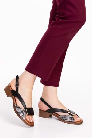 Gondol Hakiki Deri Kısa Topuklu Toka Detay Şık Sandalet iz.6020 - Siyah Yılan - 36