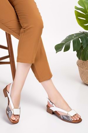 Gondol Hakiki Deri Kısa Topuklu Toka Detay Şık Sandalet iz.6020 - Beyaz Yılan - 36