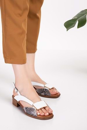 Gondol Hakiki Deri Kısa Topuklu Toka Detay Şık Sandalet iz.6020 - Beyaz Yılan - 36
