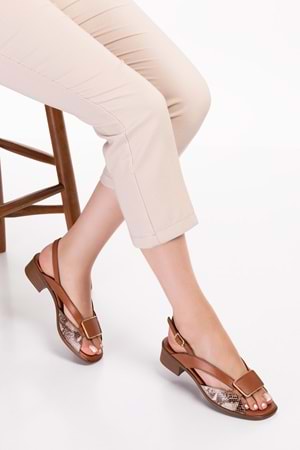 Gondol Hakiki Deri Kısa Topuklu Toka Detay Şık Sandalet iz.6020 - Taba Yılan - 39