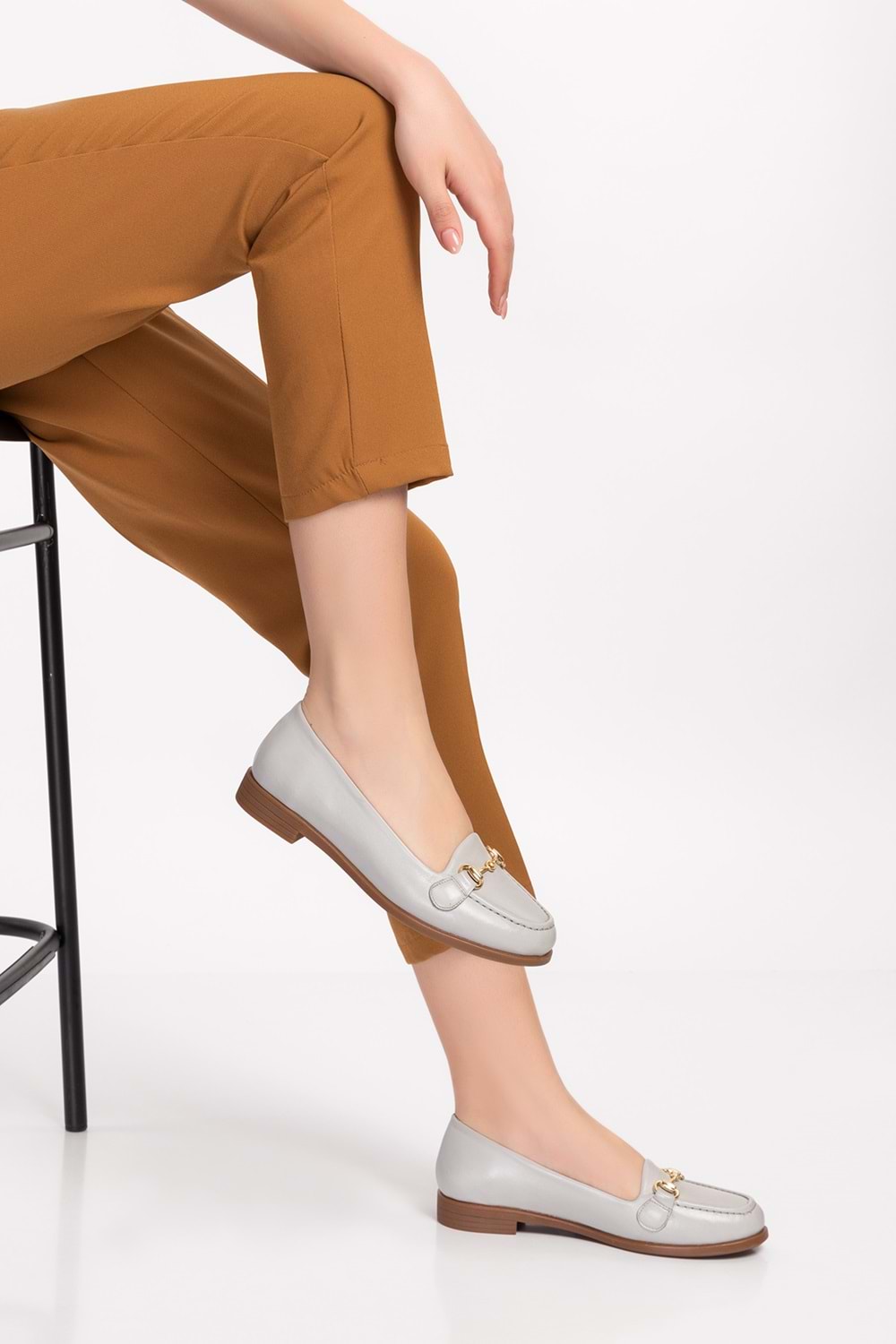 Gondol Hakiki Deri Kadın Günlük Loafer vdt.851 - Buz Gri - 35
