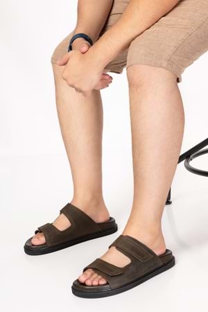 Gondol Erkek Hakiki Deri Cırtlı Ayarlanabilir Rahat Terlik esm.616 - Haki - 40