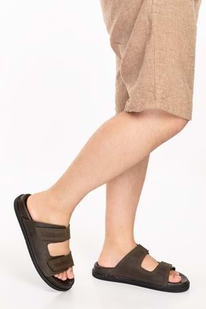 Gondol Erkek Hakiki Deri Cırtlı Ayarlanabilir Rahat Terlik esm.616 - Haki - 40