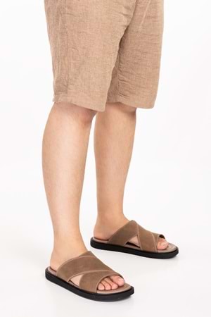 Gondol Erkek Hakiki Deri Çapraz Bant Terlik esm.303 - Kum - 41