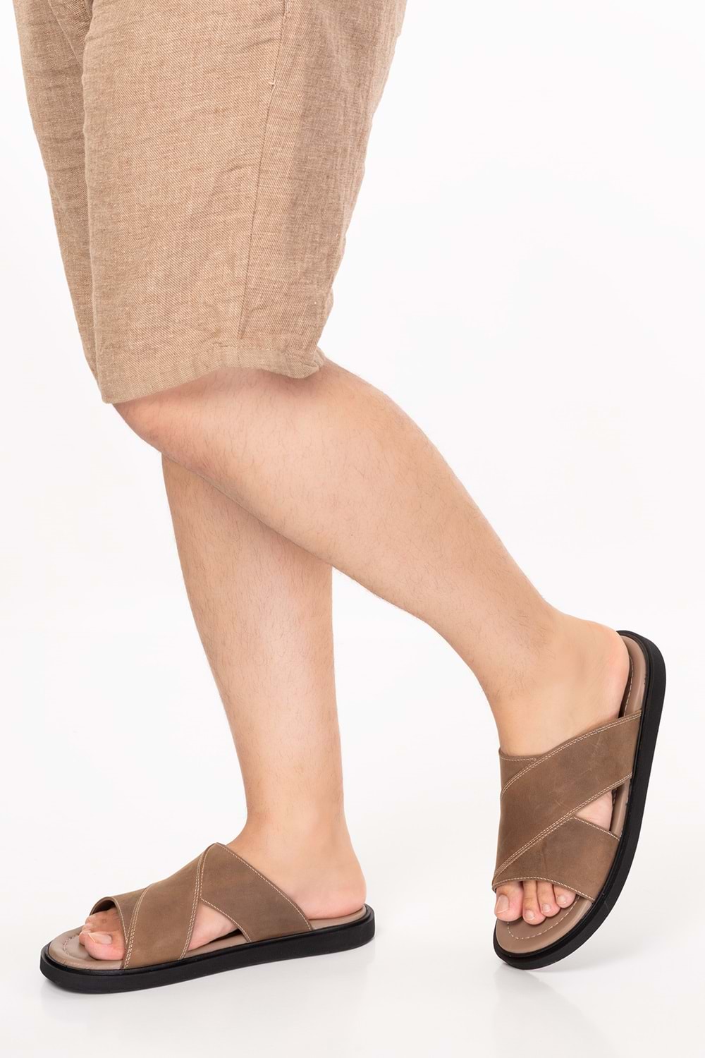 Gondol Erkek Hakiki Deri Çapraz Bant Terlik esm.303 - Kum - 41