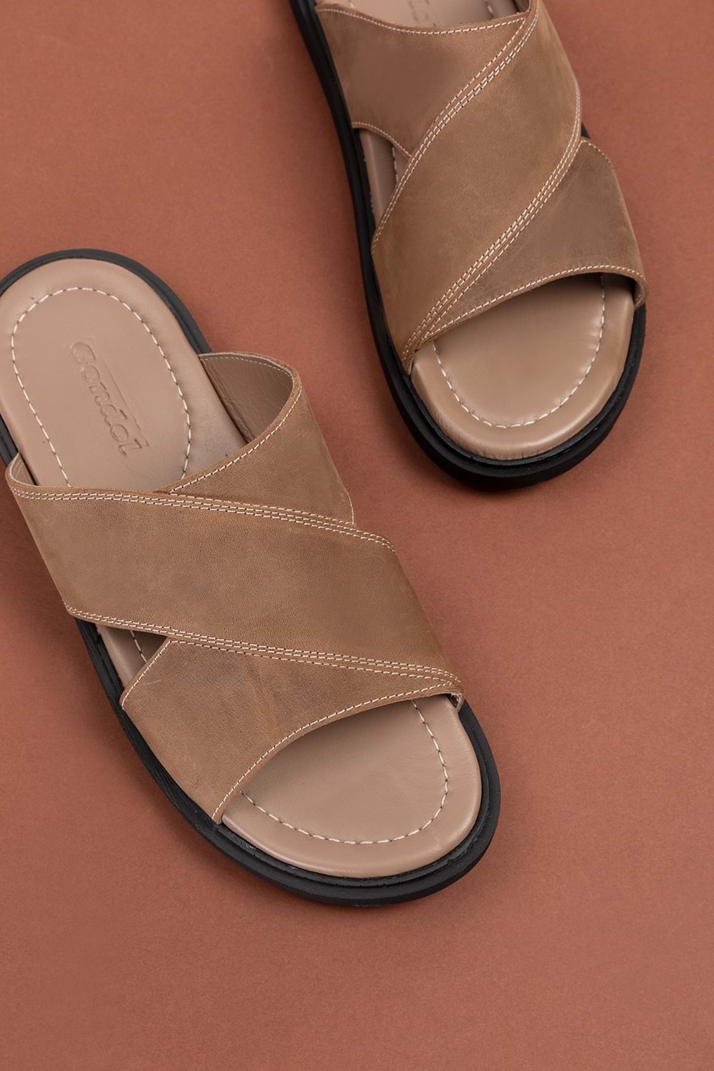 Gondol Erkek Hakiki Deri Çapraz Bant Terlik esm.303 - Kum - 41