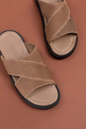 Gondol Erkek Hakiki Deri Çapraz Bant Terlik esm.303 - Kum - 41