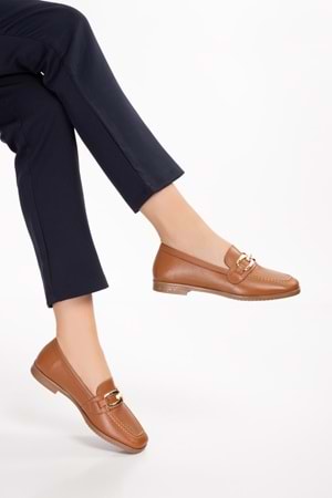 Gondol Hakiki Deri Kadın Köşeli Burun Loafer esl.b06 - Taba - 40