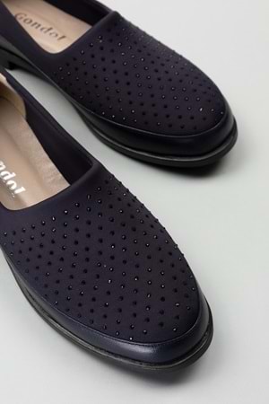 Gondol Hakiki Deri Üzeri Strecli Taş Detaylı Günlük Ayakkabı vdt.194 - Lacivert - 36