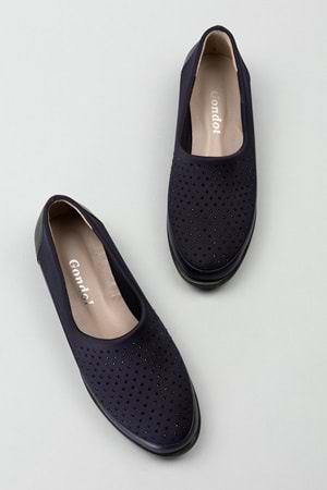 Gondol Hakiki Deri Üzeri Strecli Taş Detaylı Günlük Ayakkabı vdt.194 - Lacivert - 36