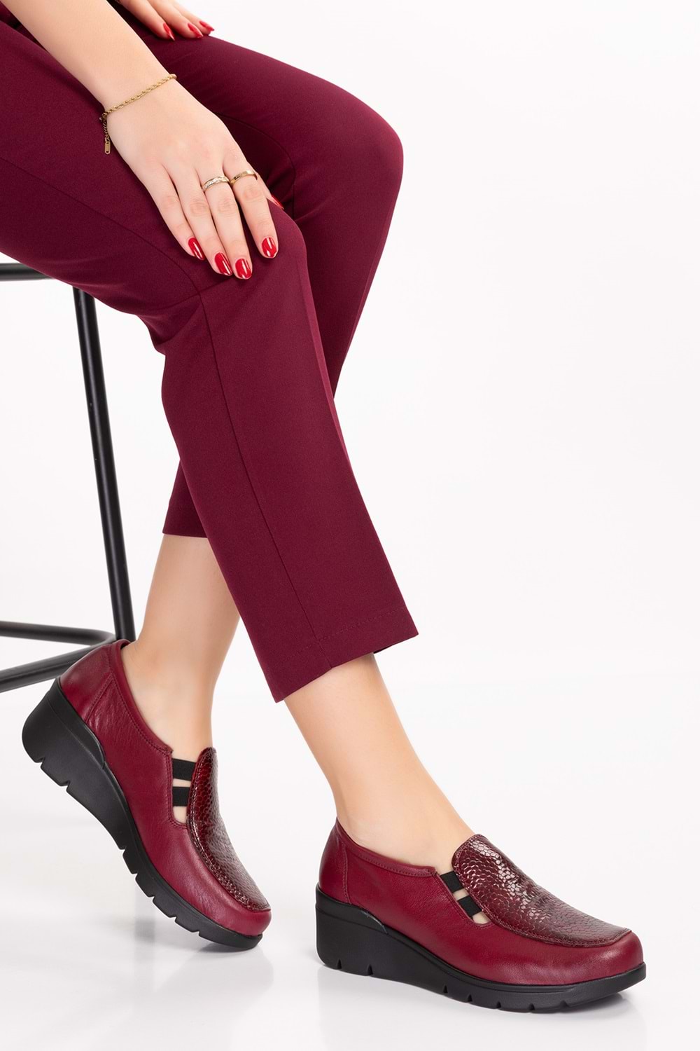 Gondol Hakiki Deri Dolgu Taban Rahat Günlük Ayakkabı esfa.4002 - Bordo Croco - 40