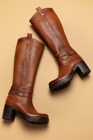 Gondol Hakiki Deri Orta Boy Topuklu Çizme ell.4934 - Taba - 40