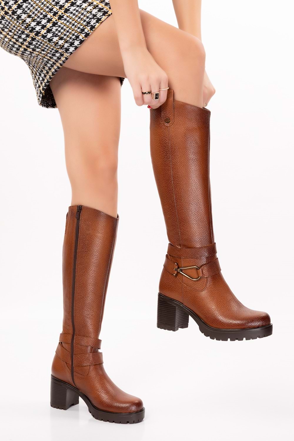 Gondol Hakiki Deri Orta Boy Topuklu Çizme ell.4934 - Taba - 40