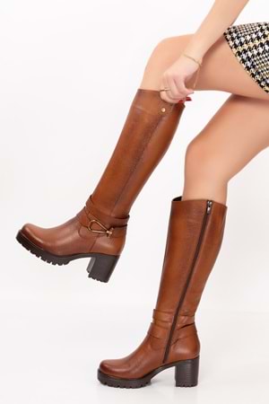 Gondol Hakiki Deri Orta Boy Topuklu Çizme ell.4934 - Taba - 40