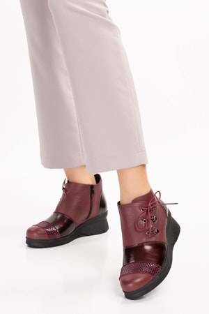 Gondol Kadın Hakiki Deri parlak Rugan Detaylı Rahat Bot ell.7141 - Bordo - 38