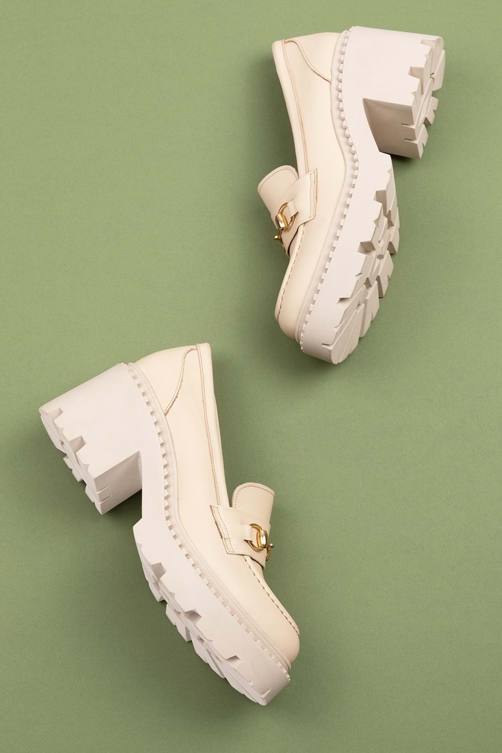 Gondol Hakiki Deri Kalın Taban Platform Topuklu Ayakkabı vtg.23803 - Bej - 40