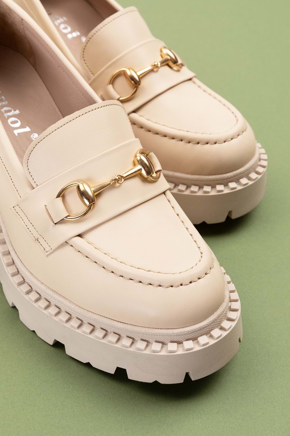 Gondol Hakiki Deri Kalın Taban Platform Topuklu Ayakkabı vtg.23803 - Bej - 40