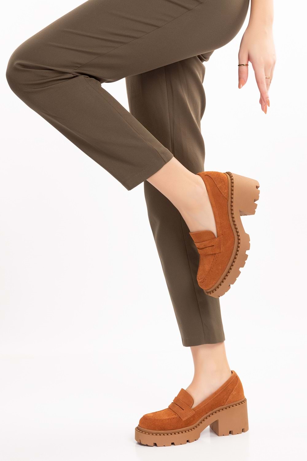 Gondol Hakiki Deri Kalın Taban Platform Topuklu Ayakkabı vtg.23802 - Taba Süet - 36