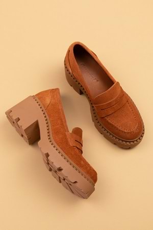 Gondol Hakiki Deri Kalın Taban Platform Topuklu Ayakkabı vtg.23802 - Taba Süet - 36