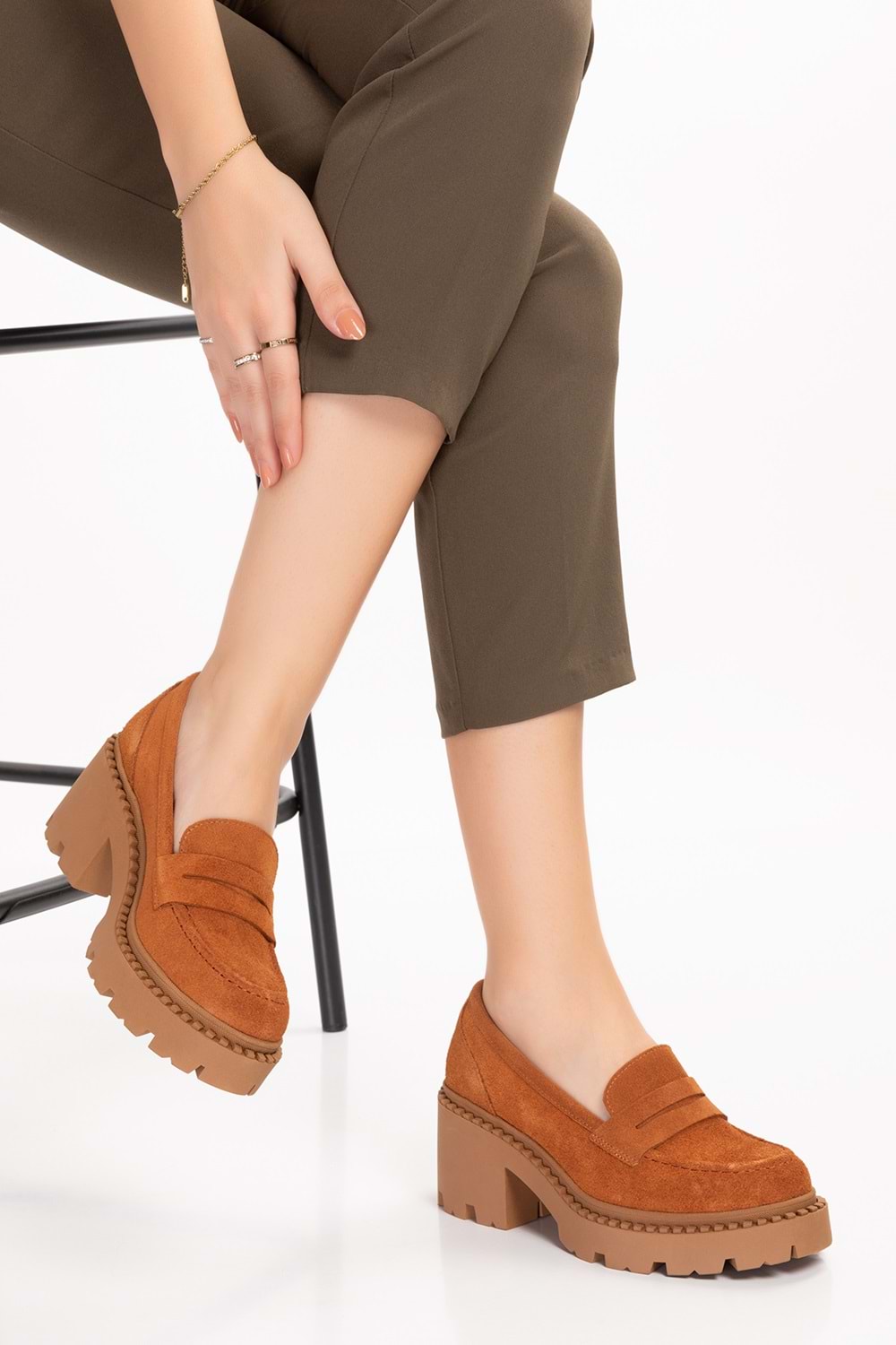 Gondol Hakiki Deri Kalın Taban Platform Topuklu Ayakkabı vtg.23802 - Taba Süet - 36