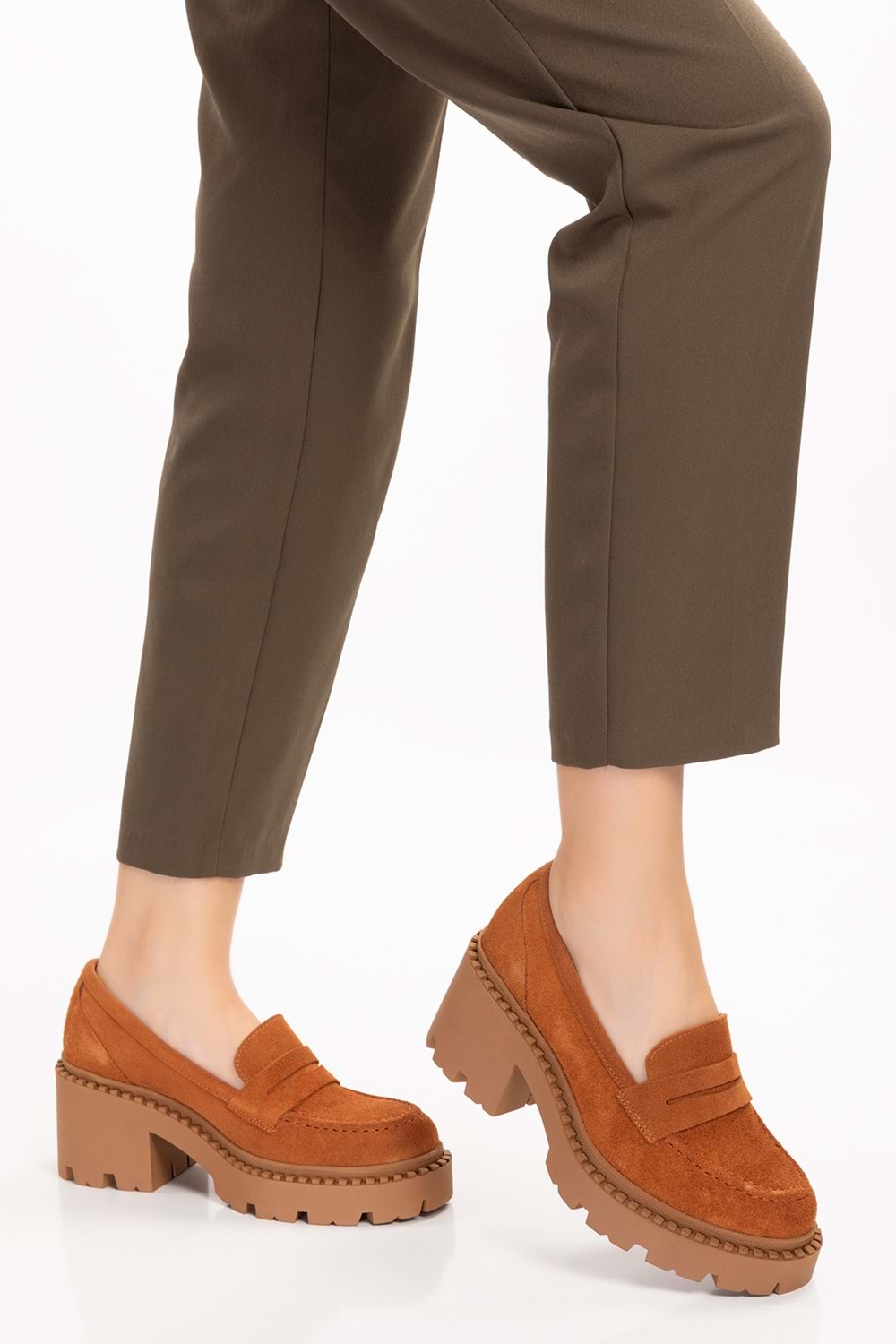 Gondol Hakiki Deri Kalın Taban Platform Topuklu Ayakkabı vtg.23802 - Taba Süet - 36