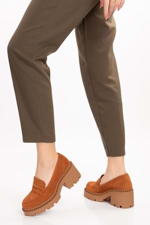 Gondol Hakiki Deri Kalın Taban Platform Topuklu Ayakkabı vtg.23802 - Taba Süet - 36