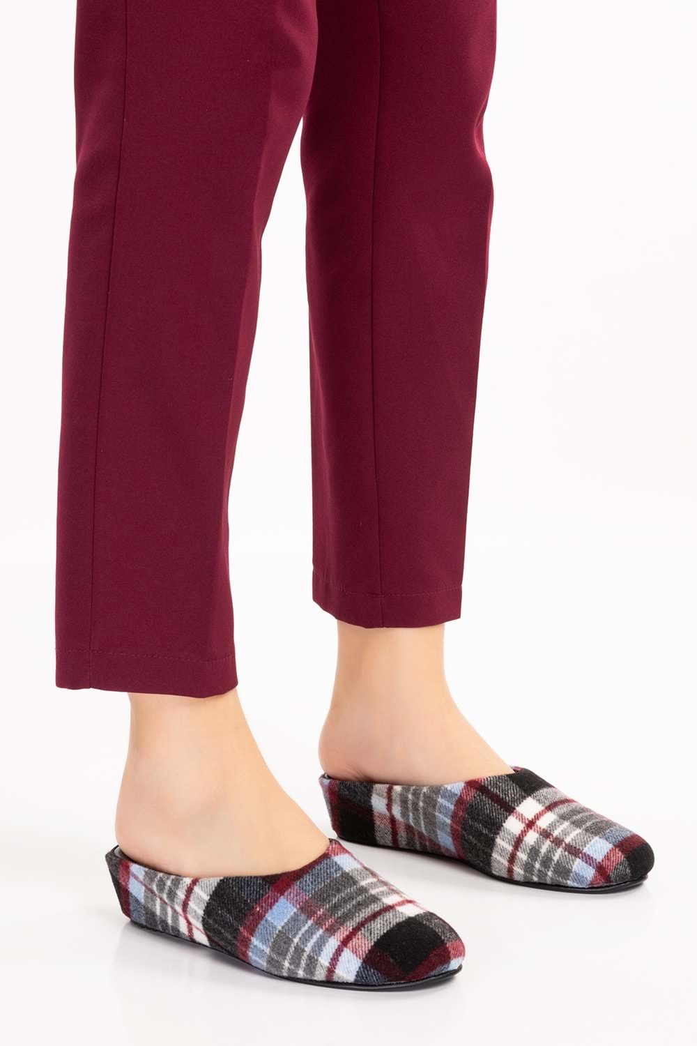 Gondol İçi Deri Ekose Desenli Ev Terliği mik.580 - Bordo - 40
