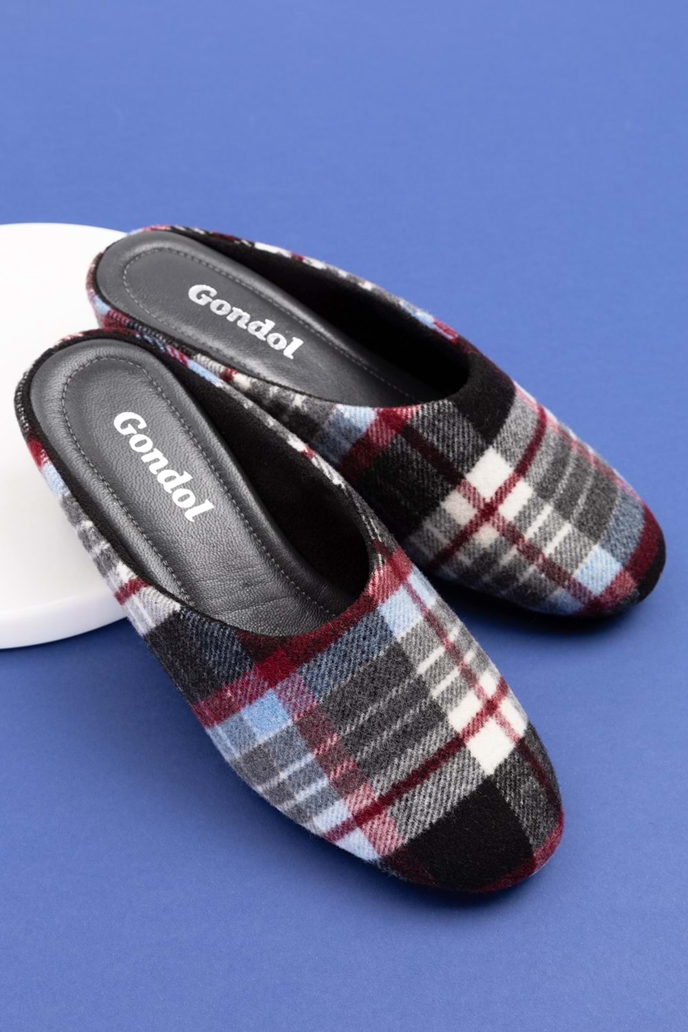 Gondol İçi Deri Ekose Desenli Ev Terliği mik.580 - Bordo - 40