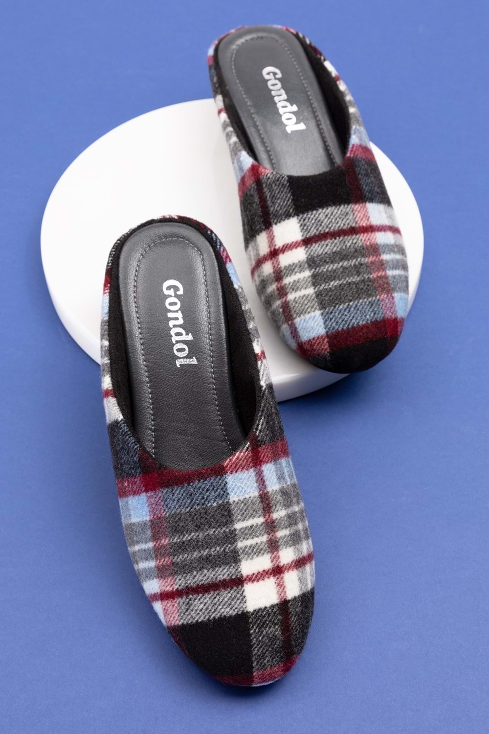 Gondol İçi Deri Ekose Desenli Ev Terliği mik.580 - Bordo - 40